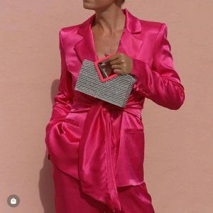 ZARA 2 PIECE SATIN BLAZER AND WIDE LEG PANTS FUCHSIA